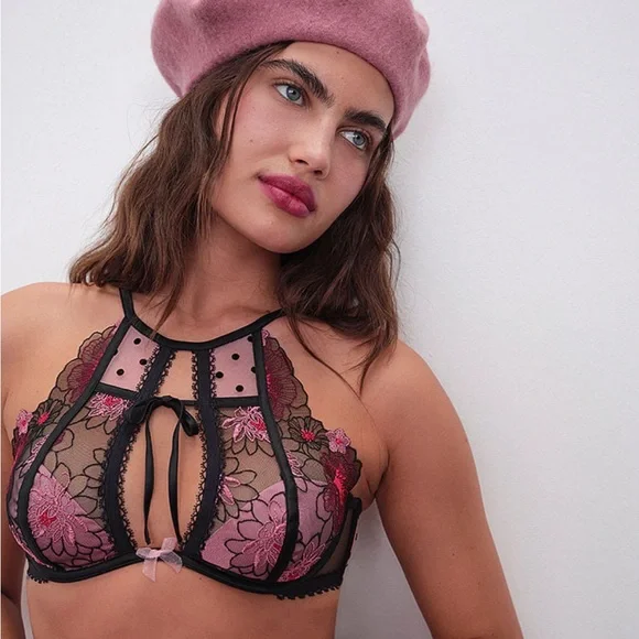 FOR LOVE & LEMONS Zinnia Embroidered High Neck Bra Bralette Crop Top - Picture 1 of 7